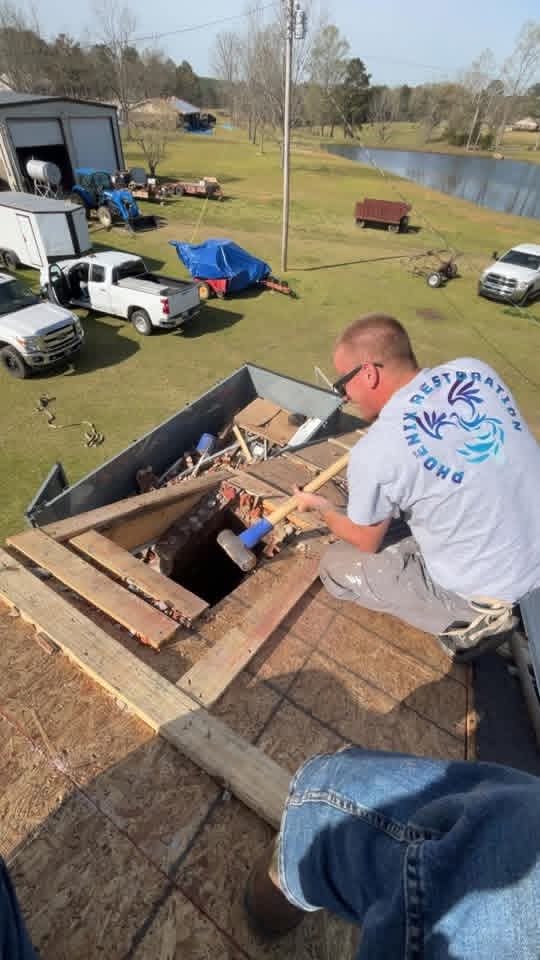 Chimney area opened during a roofing project